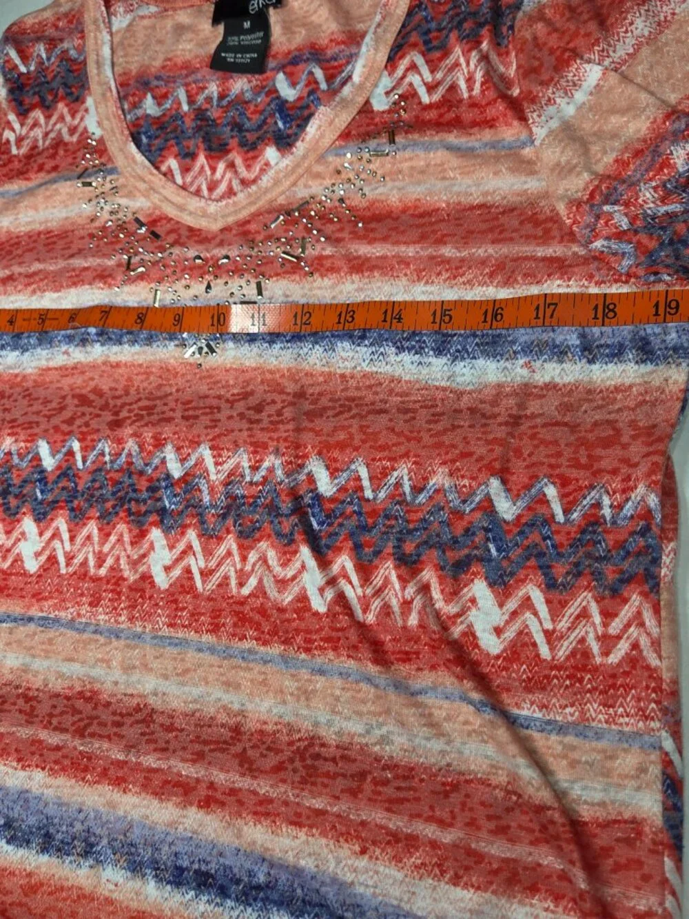 Erika‎ Striped Knit Top Orange Blue White Rhinestone V-Neck Short Sleeve Medium
